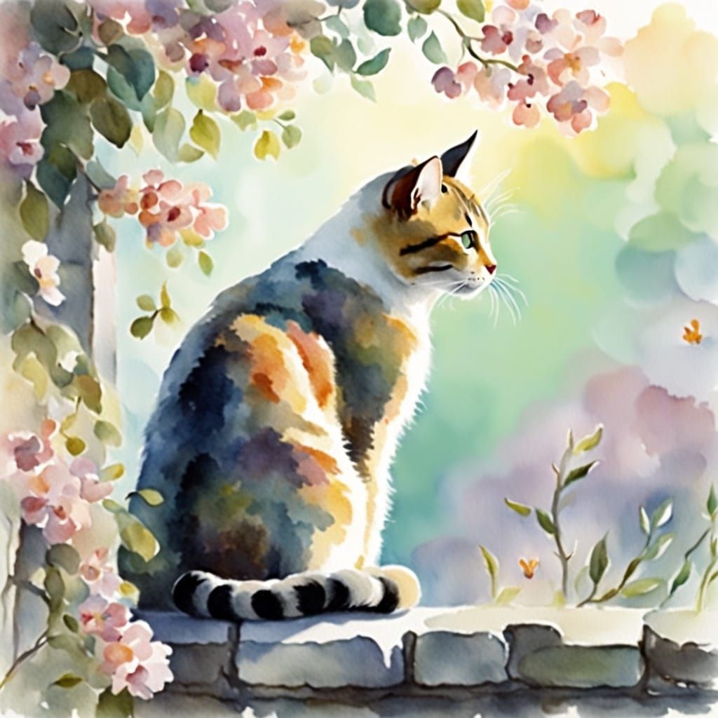 Whimsical Cat on Wall with Floral Tree in Pastel Colours