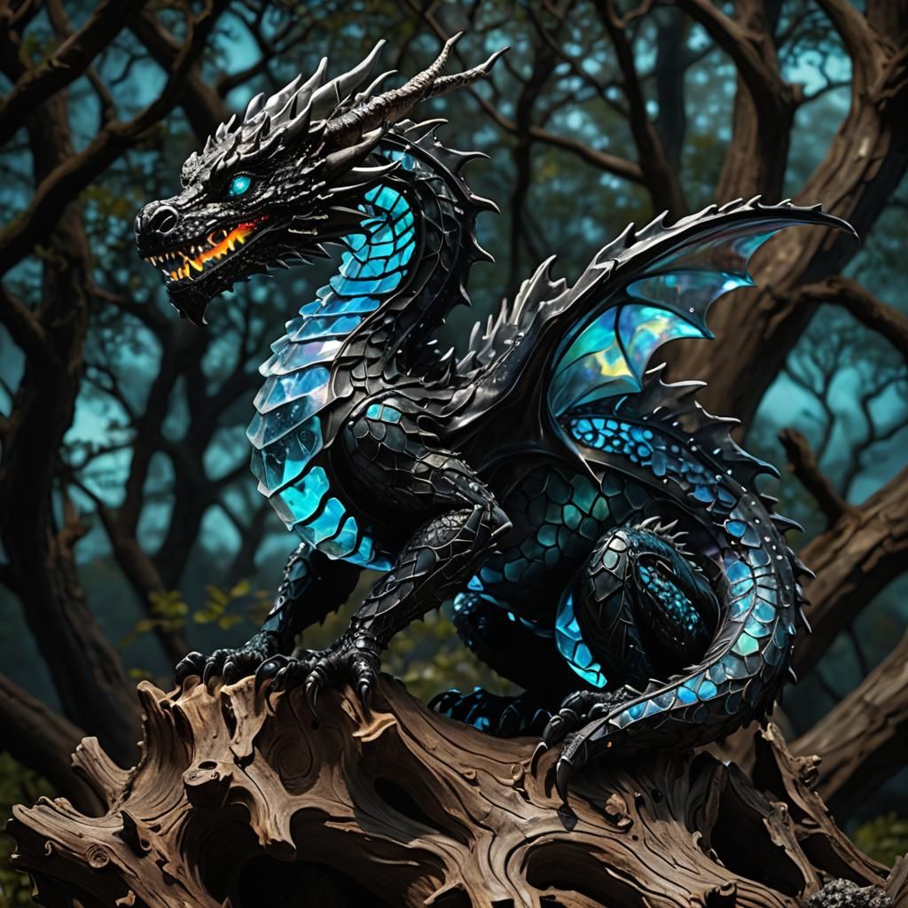 Bioluminescent Crystal Dragon Sculpture: Digital Art