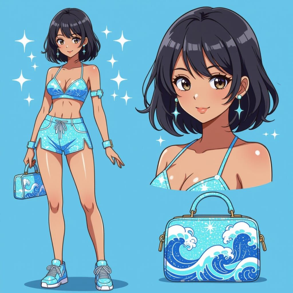 Anime Woman in Sparkly Blue Wave Outfit