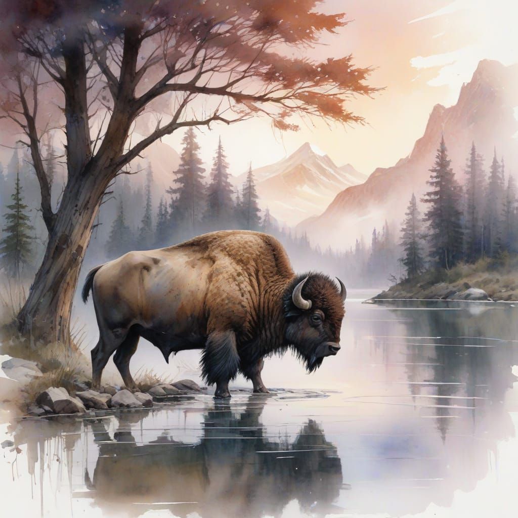 Wild Bison in Serene Mountain Landscape