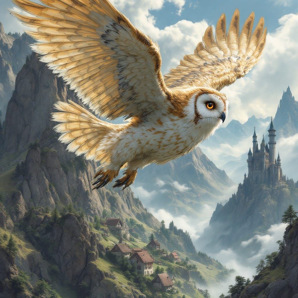 Ethereal Hybrid Owl Maiden Soars Over Enchanted Peaks