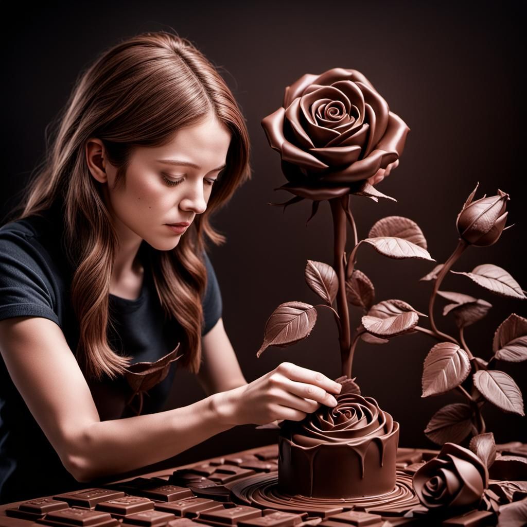 Woman Creates Chocolate Rose: Hyperrealistic Image