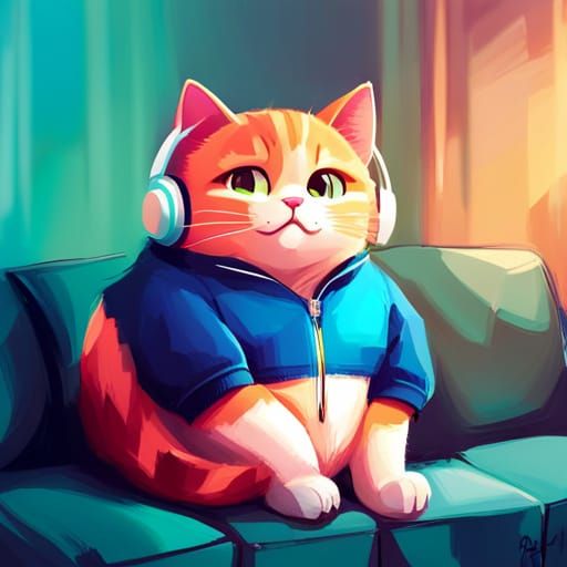 Chubby Cat Portrait with Headphones, Digital Painting