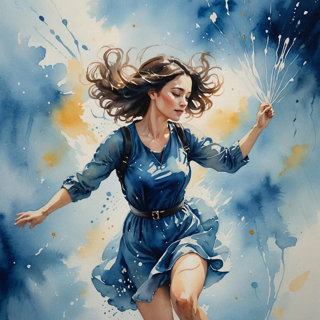 Woman Skydiving: Watercolor Portrait with Soft Focus