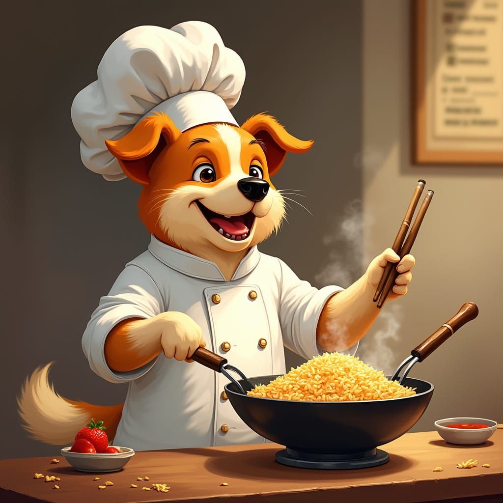 Dog Chef Stir-Frying Rice in Kitchen