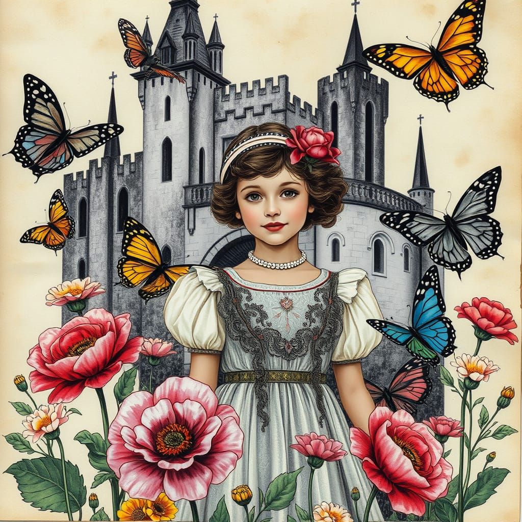 Vintage Princess Emerges from Floral Collage