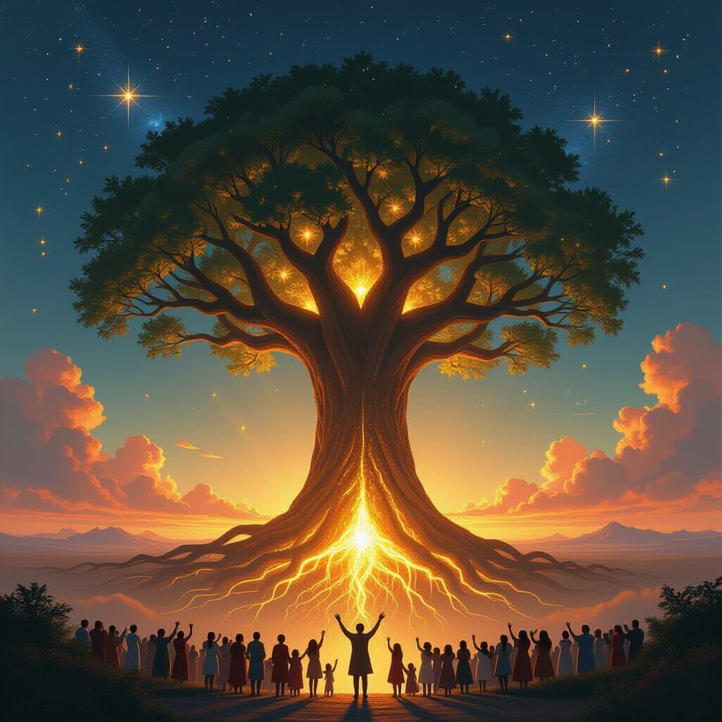 Colossal Radiant Tree Connecting Cosmos, People Gather in Un...