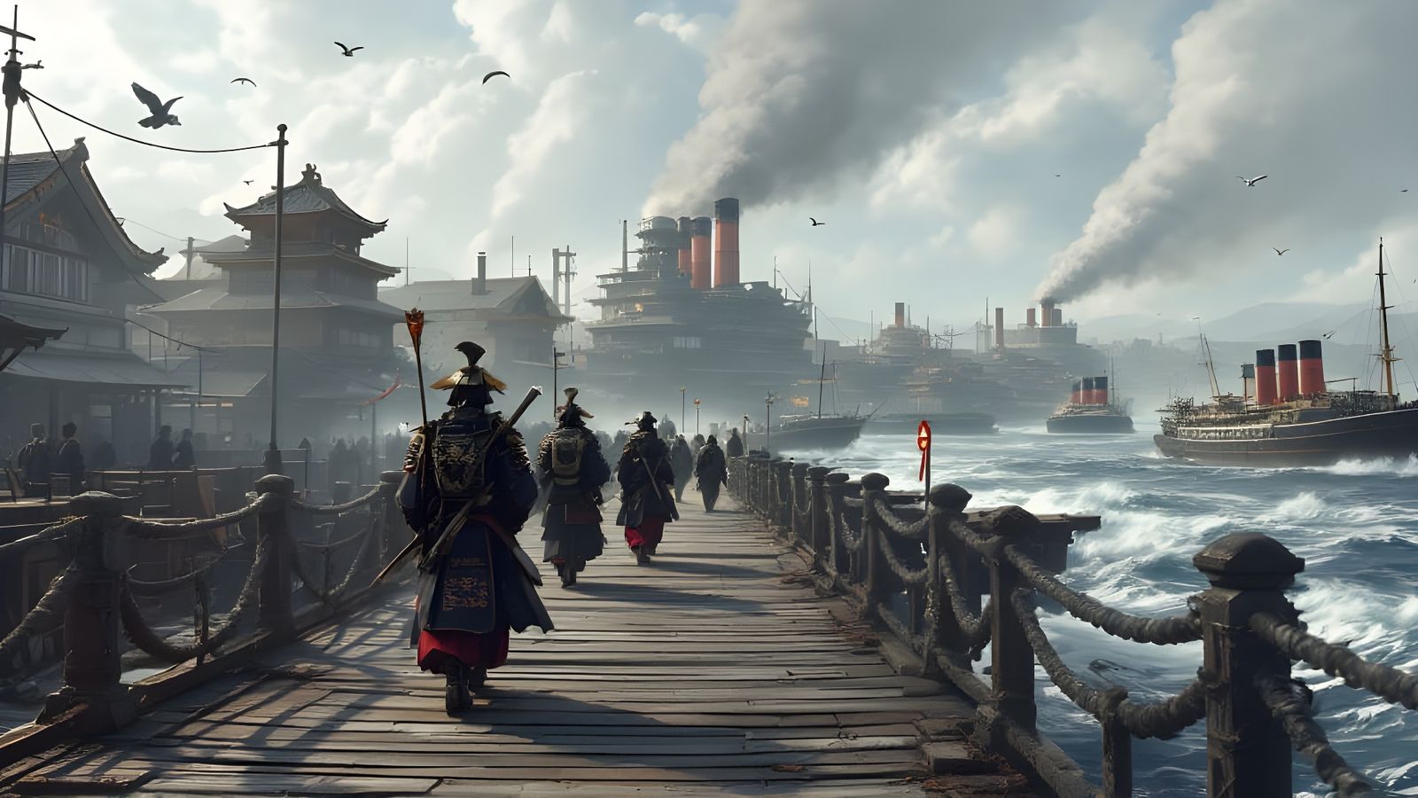 Meiji Era Port Town: Samurai and Steamships in Anime Style
