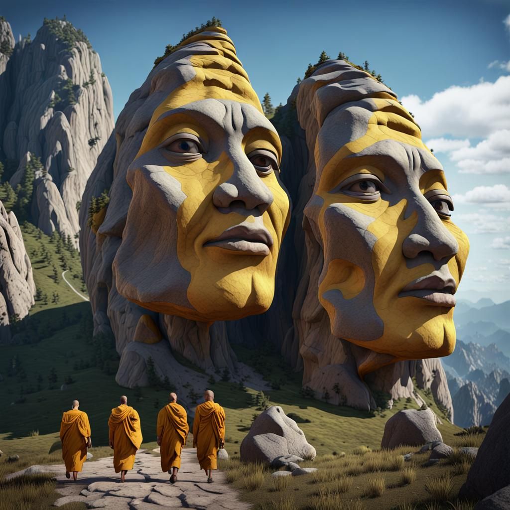 Mountain Rock Faces with Monks in Matte Painting
