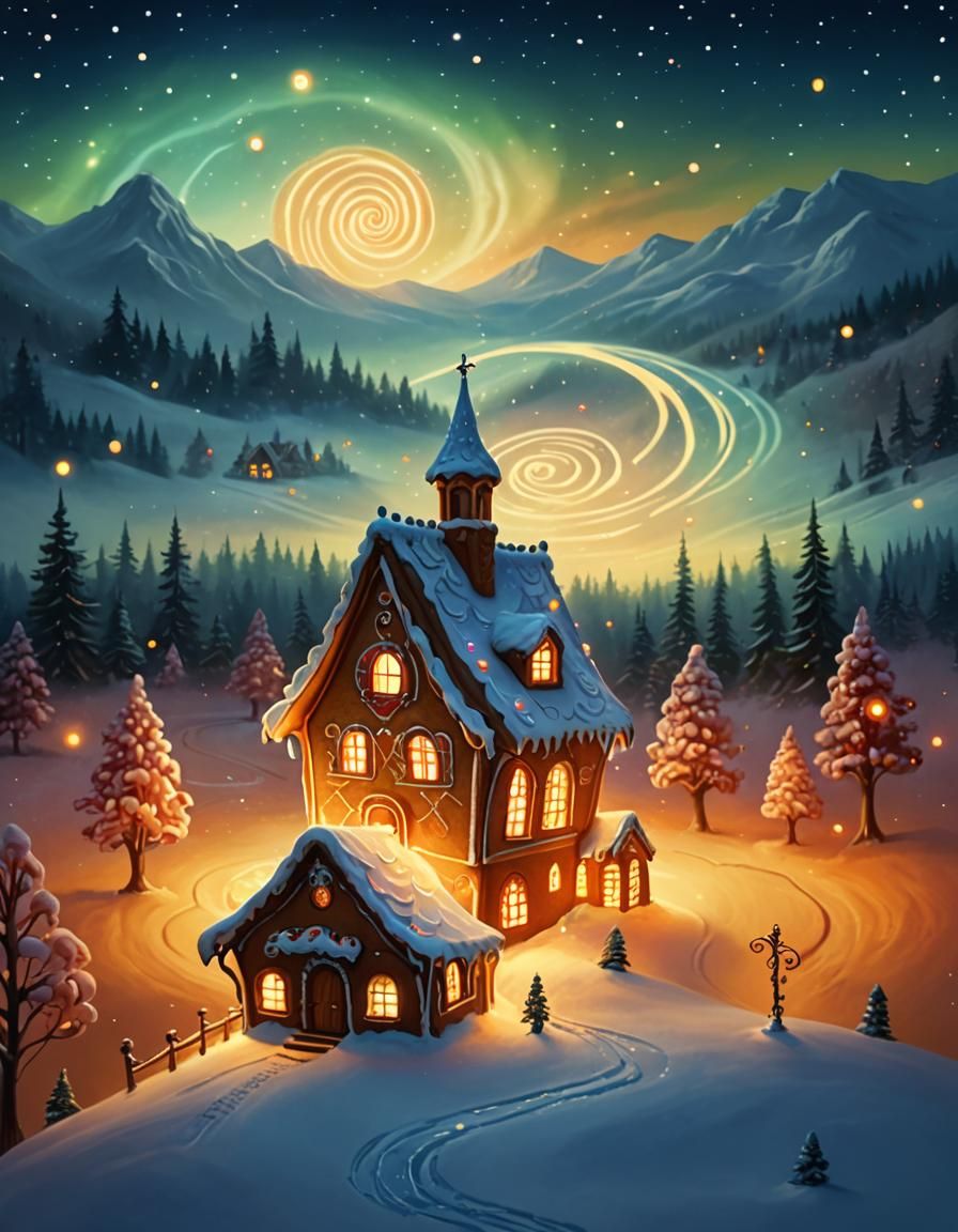 Gingerbread House in Winter Wonderland, Digital Painting