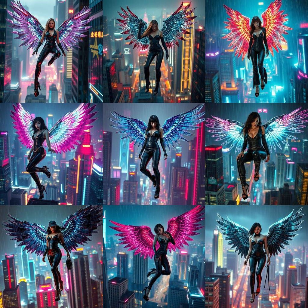 Cyberpunk Angel of Death in Neon Cityscape