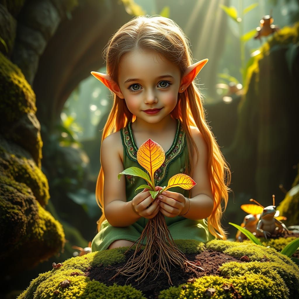 Surreal Fantasy Child Tends Vibrant Rainforest Garden