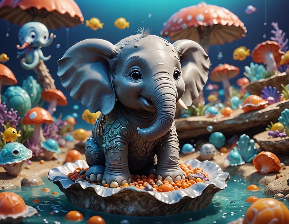 Cute Elephant Inside Oyster Shell as 3D Art