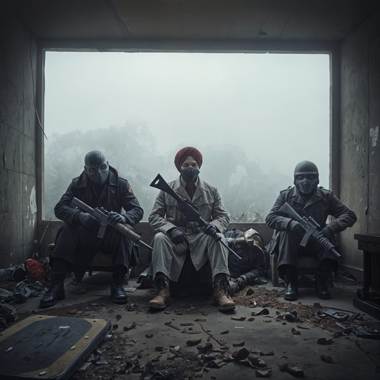 Surreal Dystopian Scene: Masked Travelers in Abandoned Room