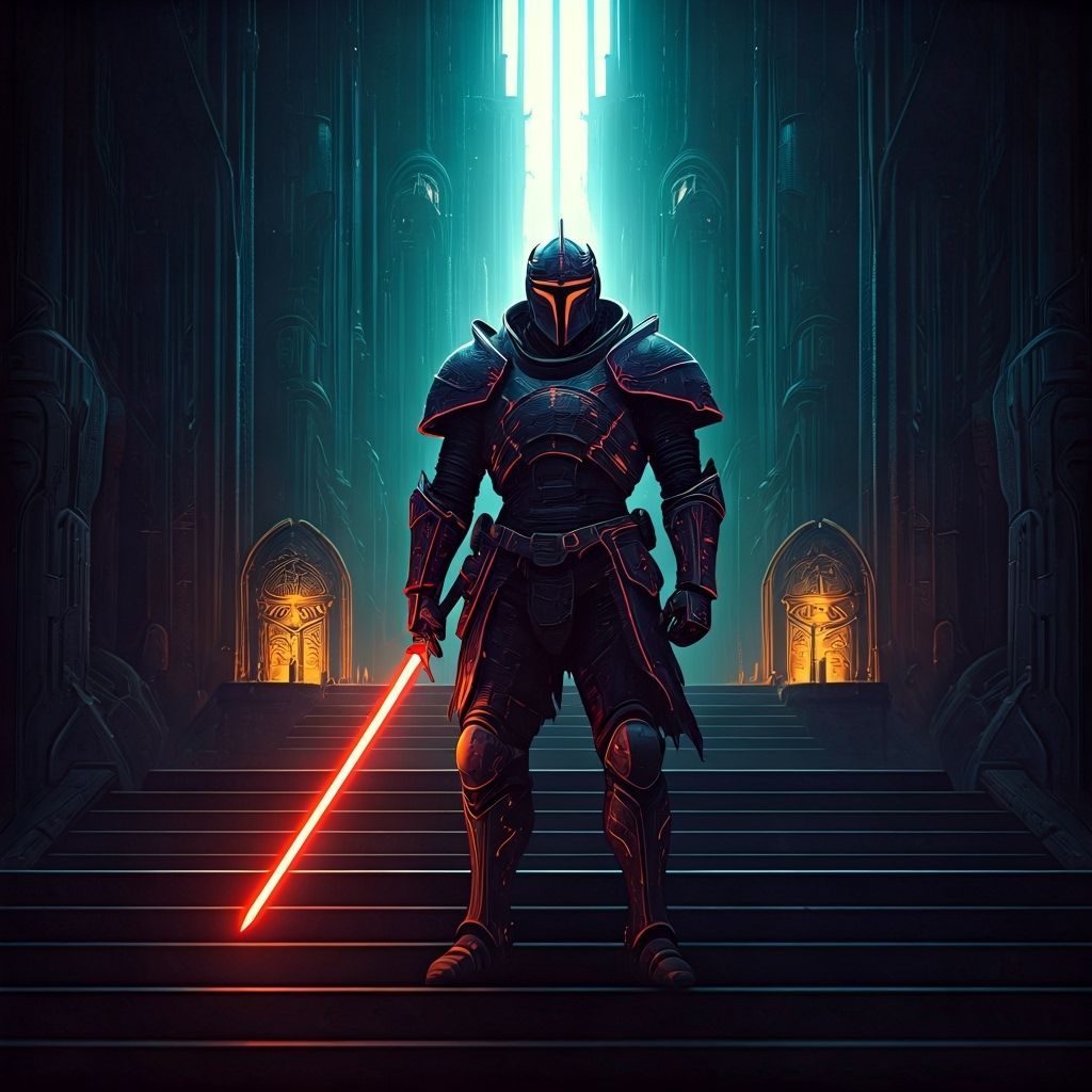 Cyberpunk Knight Guards Futuristic Castle with Laser Sword
