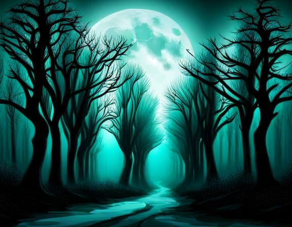 Eerie Cyan Horror Forest with Twisted Trees