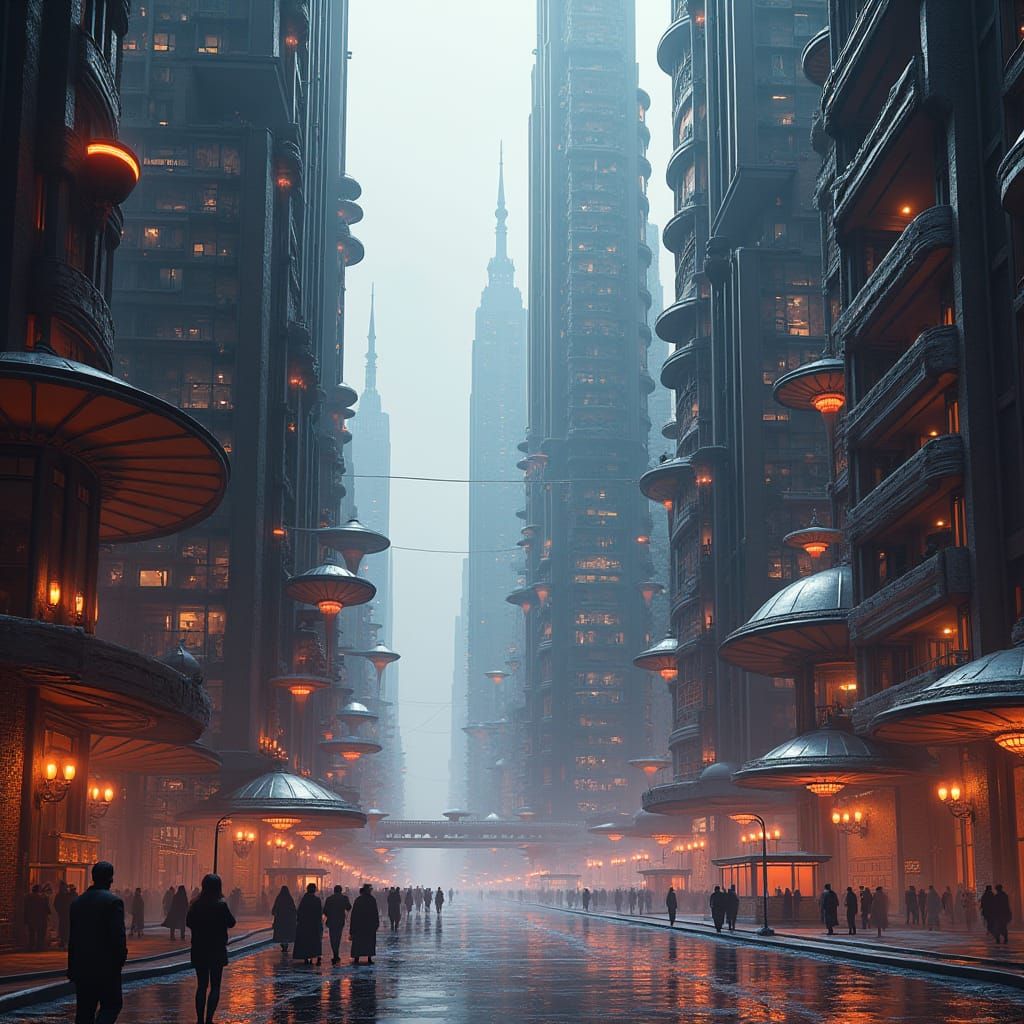 Futuristic Art Deco Cityscape in Cyberpunk Style