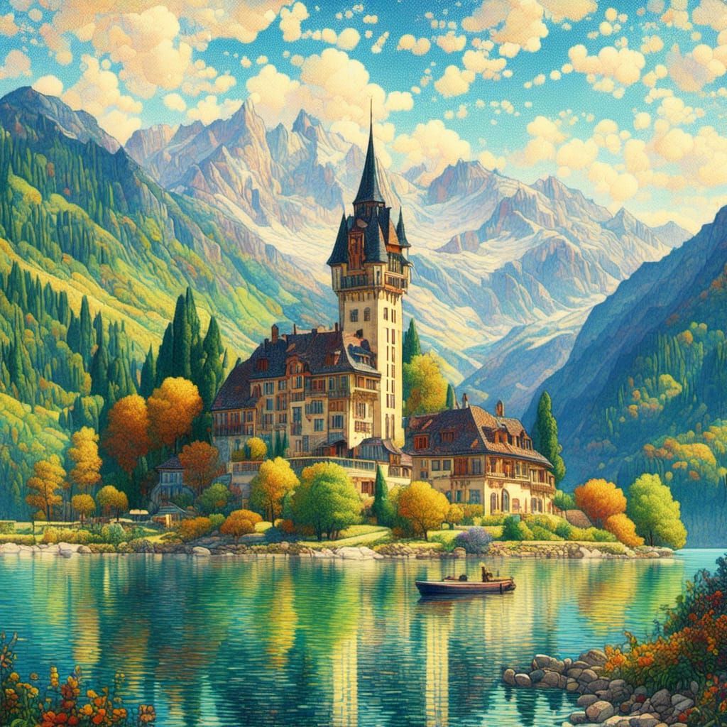 Alpine Chateau on Lake in Fauvist Style
