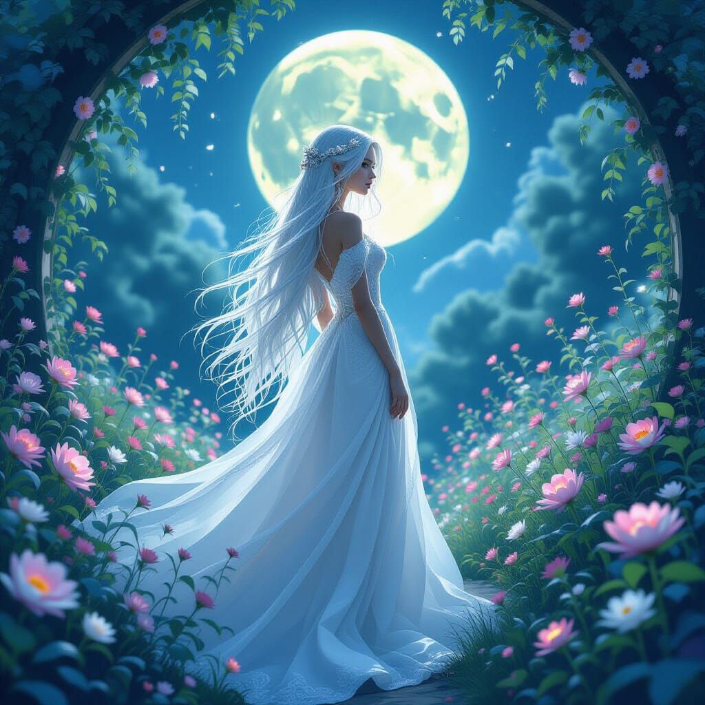 Ethereal Maiden in Moonlit Garden