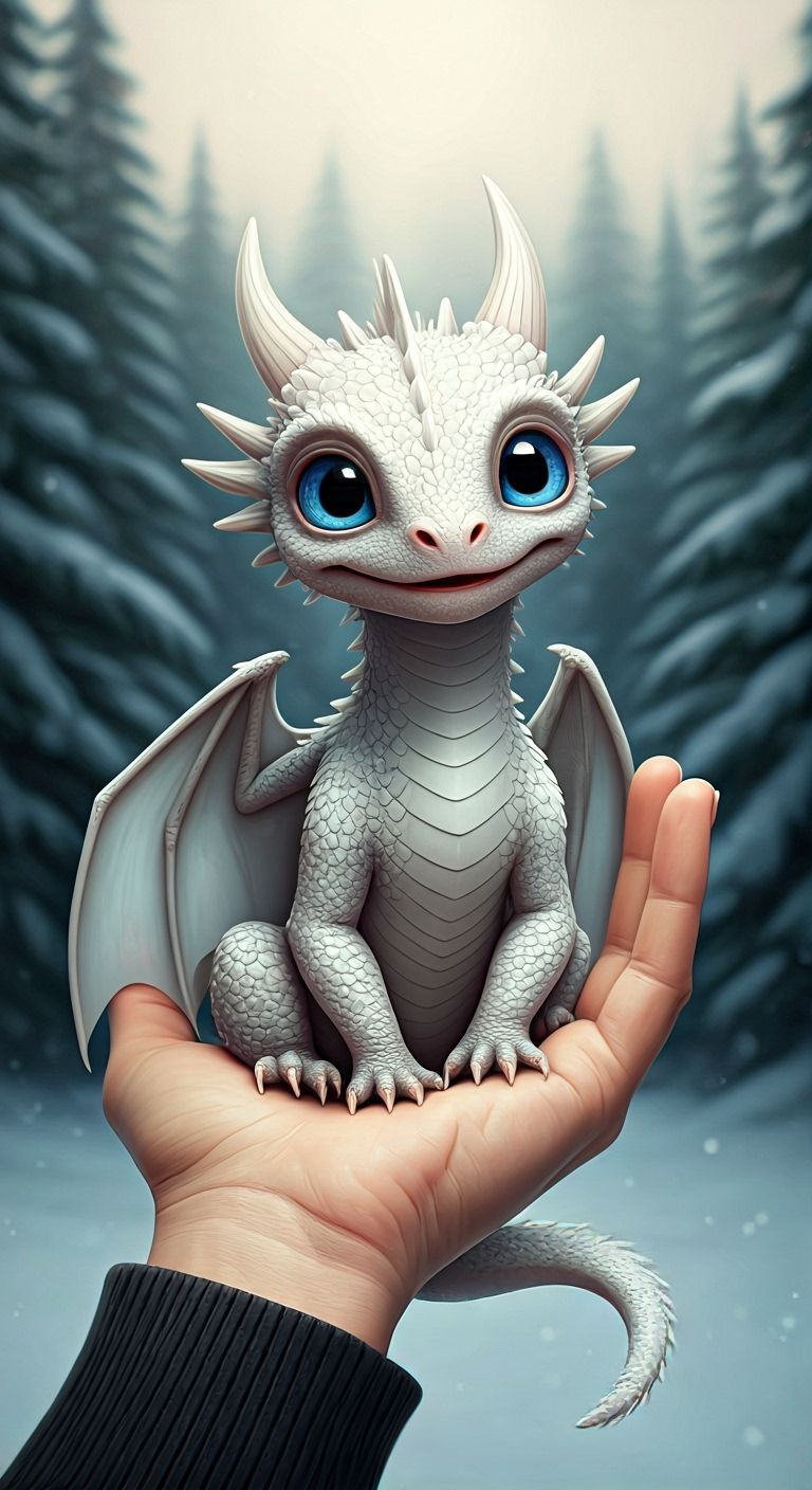 Cute Baby Dragon in Snowy Forest, Fantasy Art