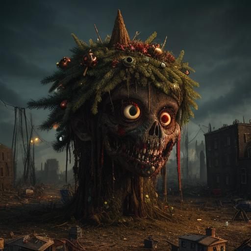 Macabre Christmas Tree Zombie in Post-Apocalyptic Ruins