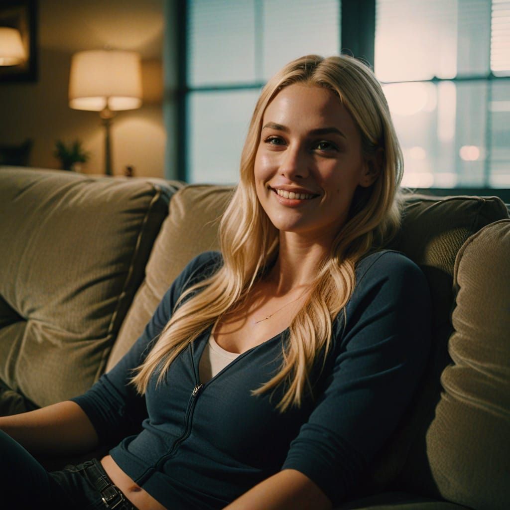 Athletic Blonde Woman Relaxing on Sofa in Cinematic Film Sti...