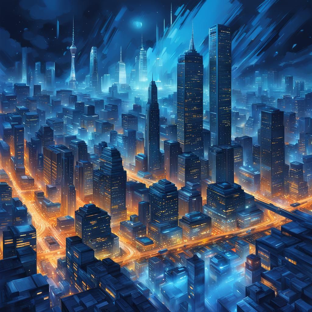 Hyperrealistic Blue Night Cityscape Concept Art
