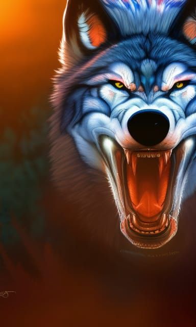 Realistic Mad Wolf with Holographic Lighting in Forest