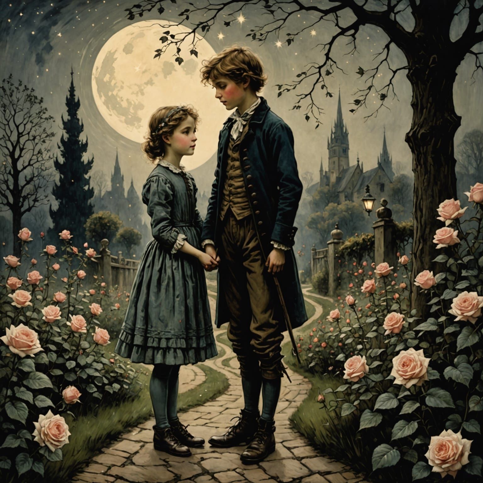 Moonlit Rose Garden Scene in Chiaroscuro Style
