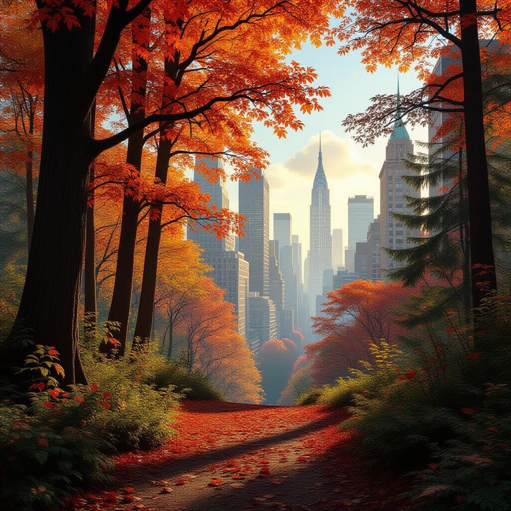Vibrant Forest Meets Metropolis in Hyperrealistic Autumn Sce...