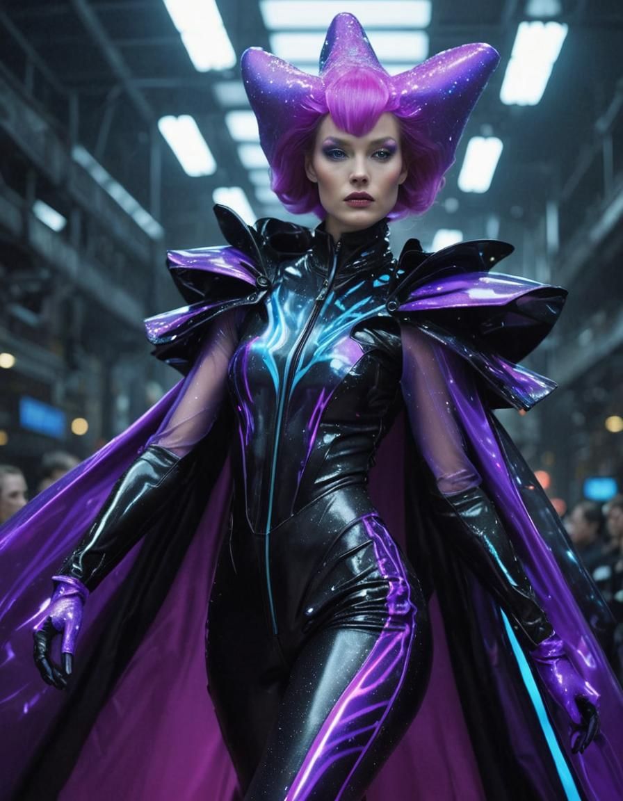 Woman on Catwalk in Extravagant Bioluminescent Neo-Surrealis...