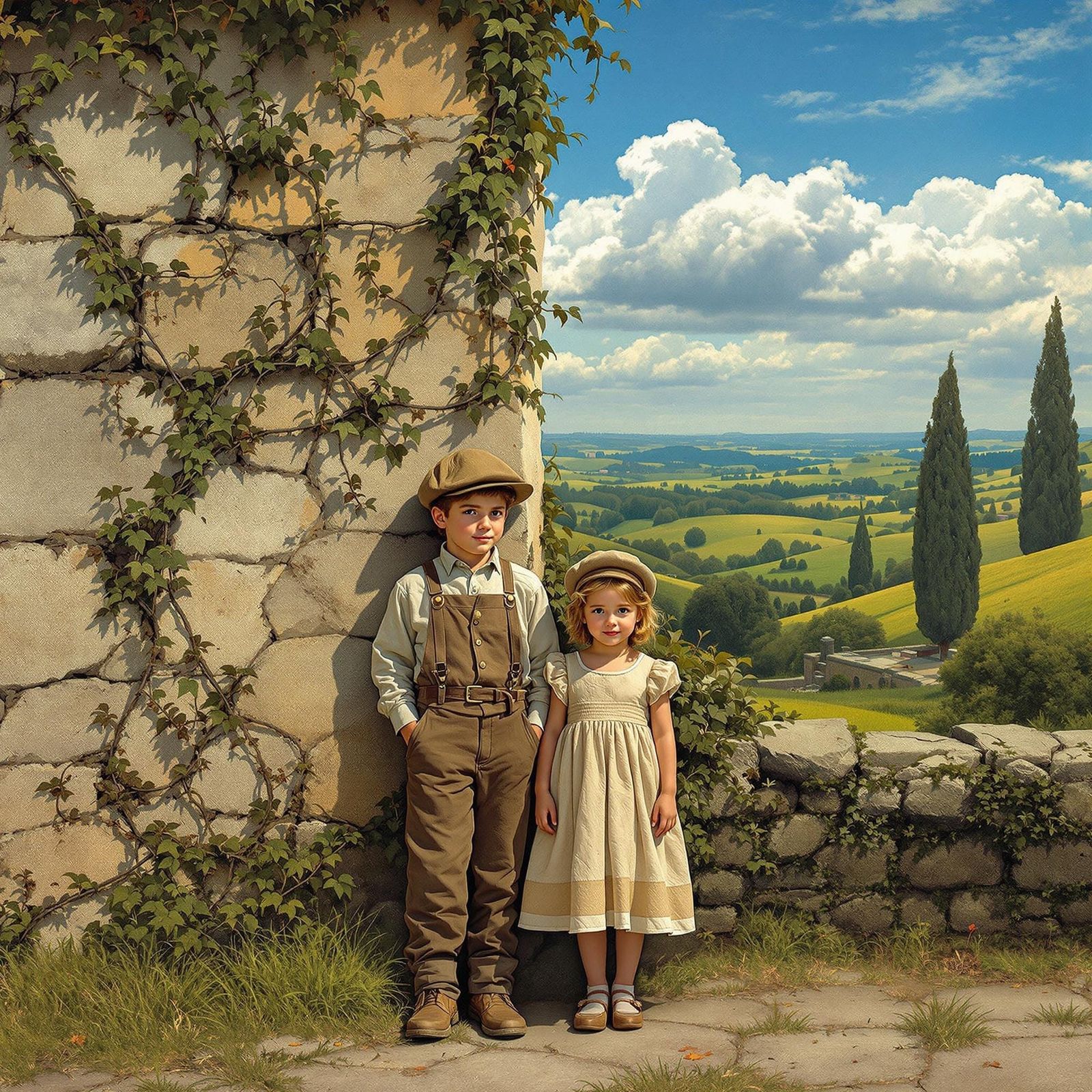 Siblings Stand Before Ancient Stone Wall in a Dreamy, Romant...