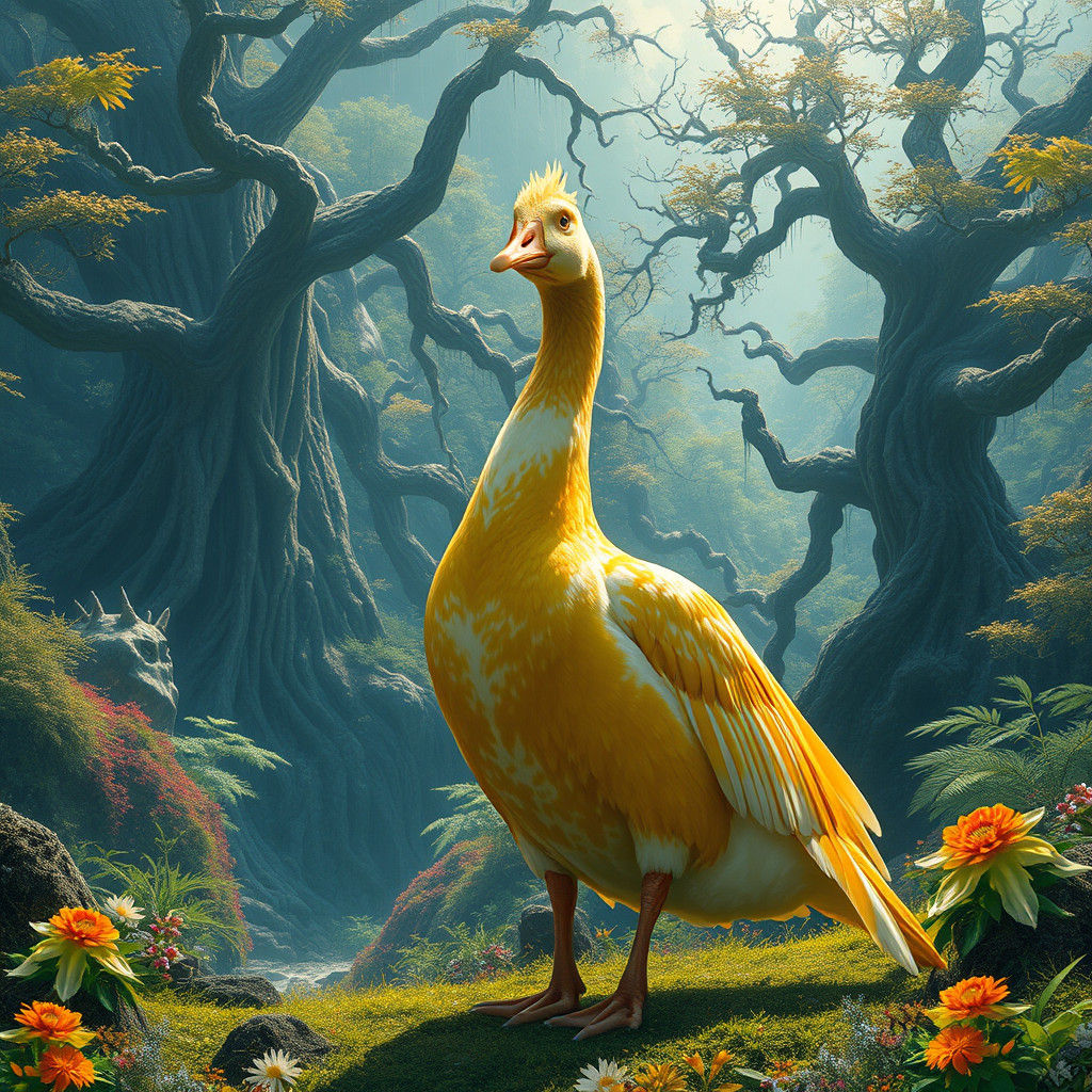 Majestic Golden Goose in Lush, Mythical Landscape
