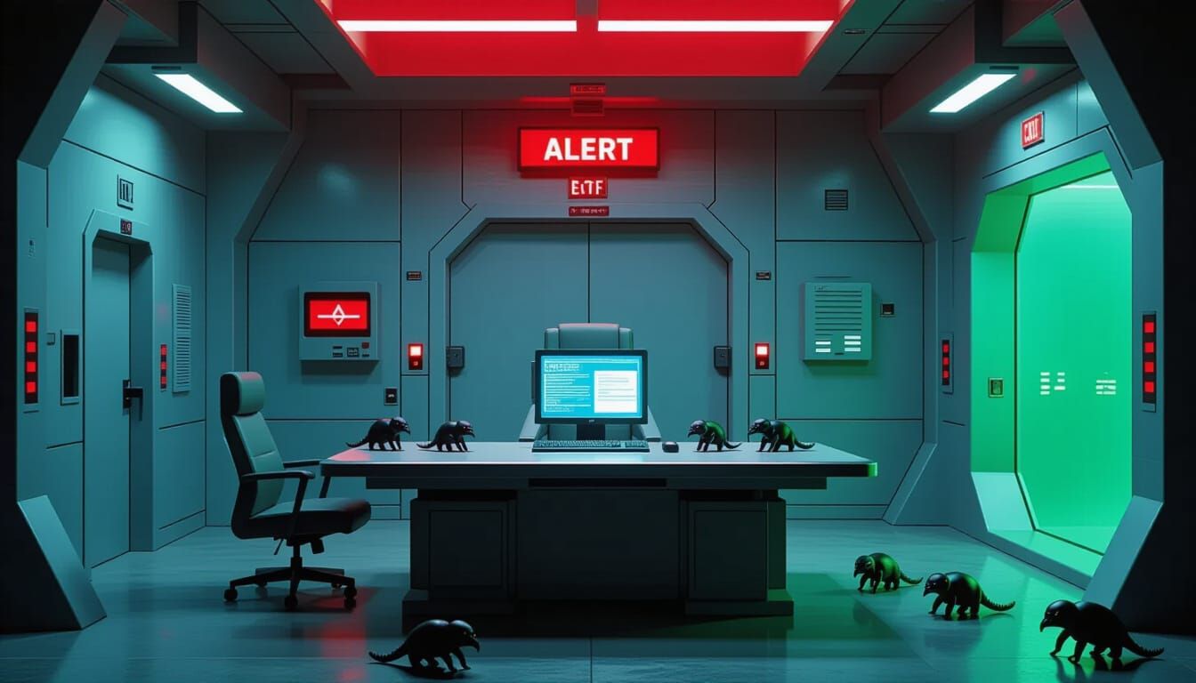 Dystopian Industrial Room with Alert Computer