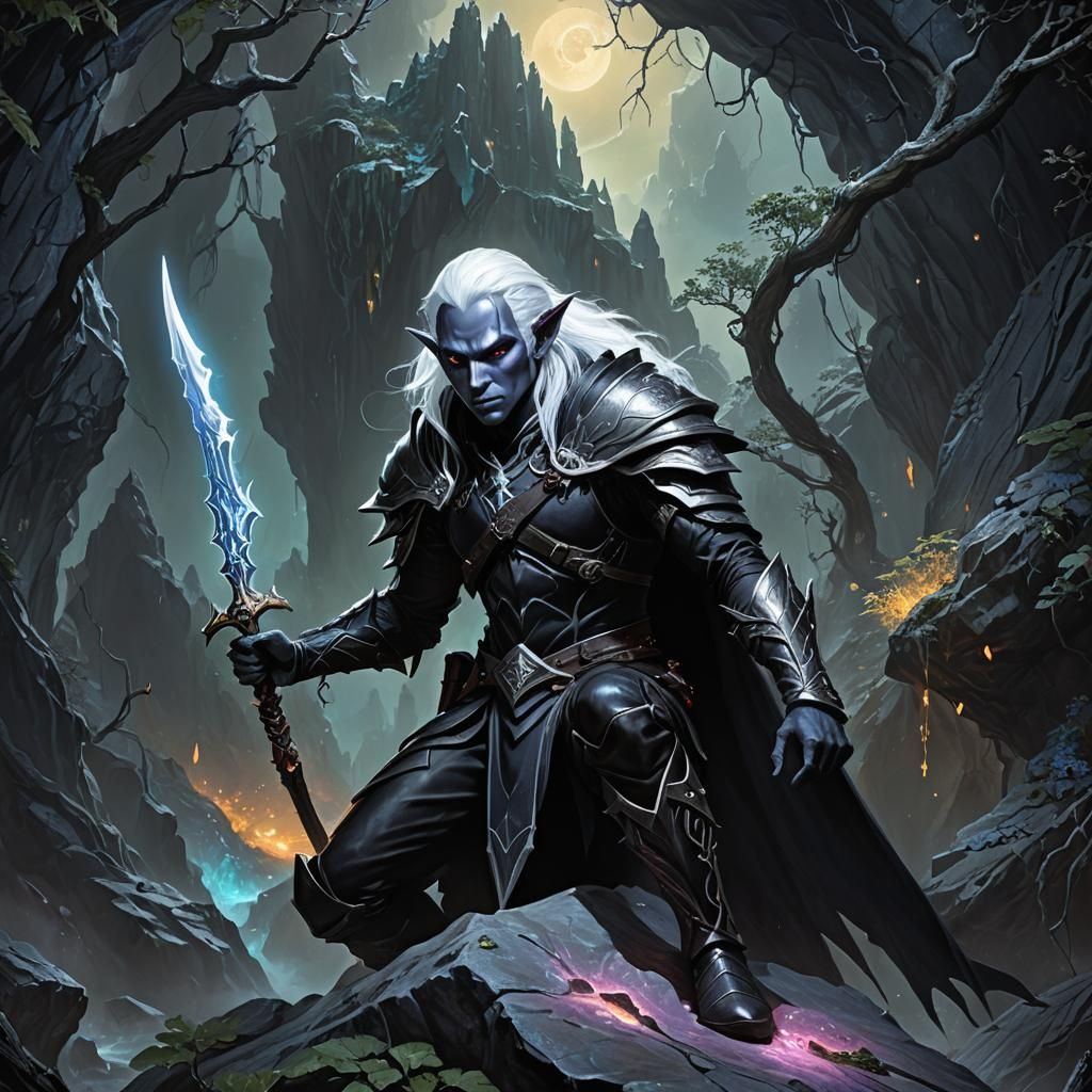 Drow Warrior in Bioluminescent Underdark: Hyperrealistic Por...