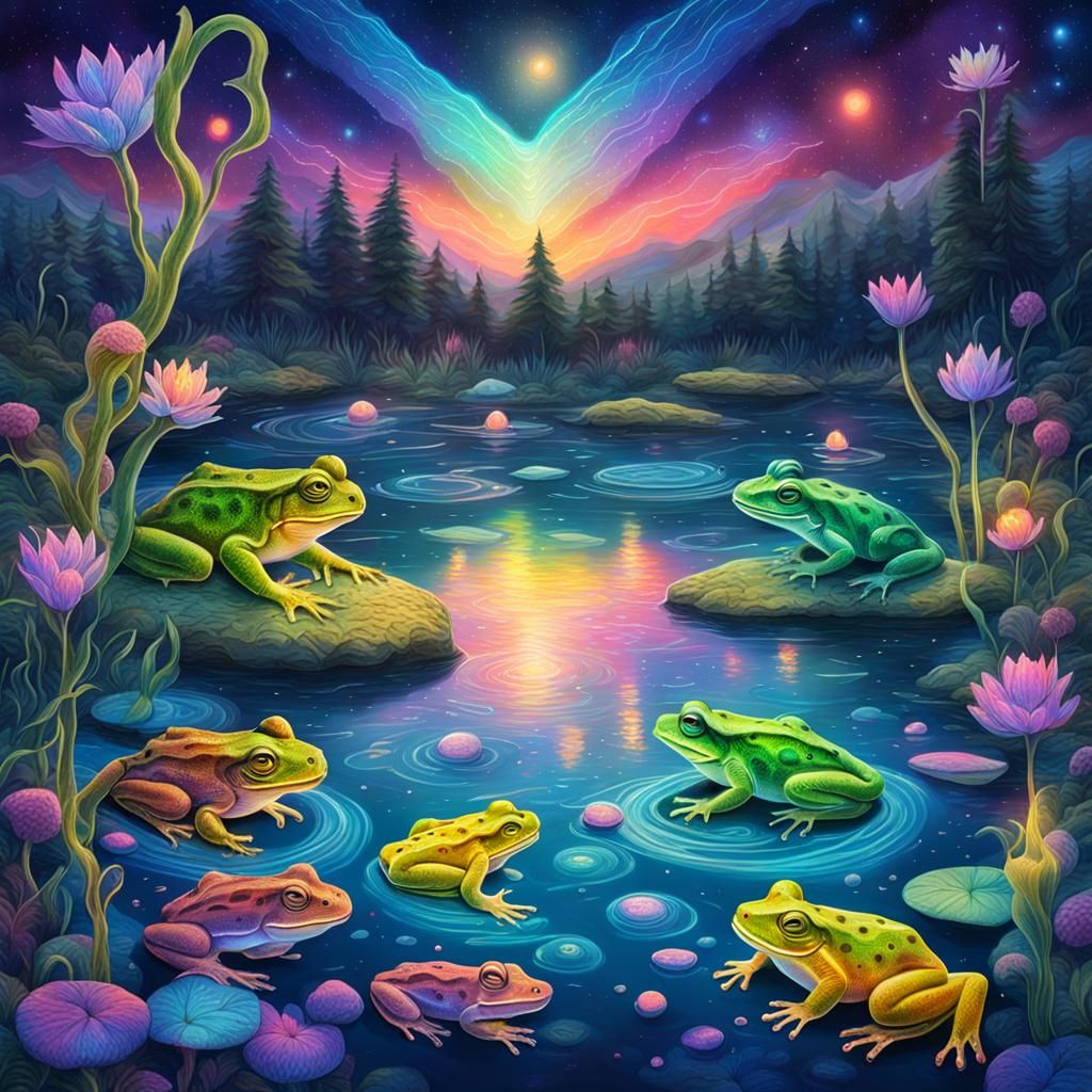 Tadpole Lights in Lake with Frogs: Astral Illustration