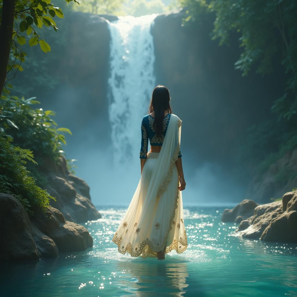 Indian Girl in Waterfall as Matte Painting