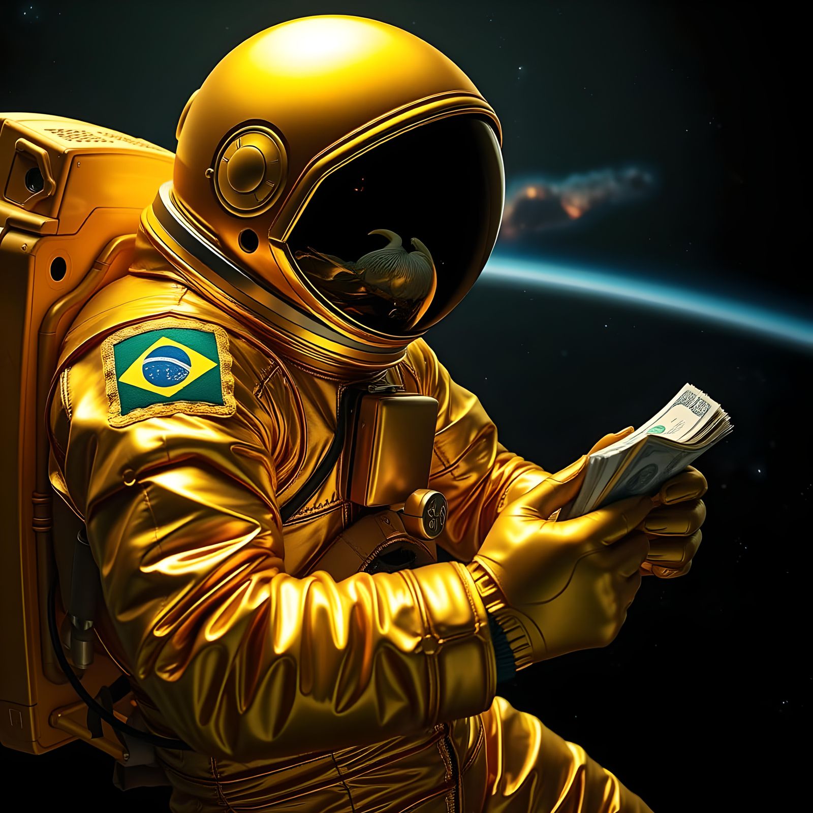 Astronaut with Gold Suit and Flag in Space