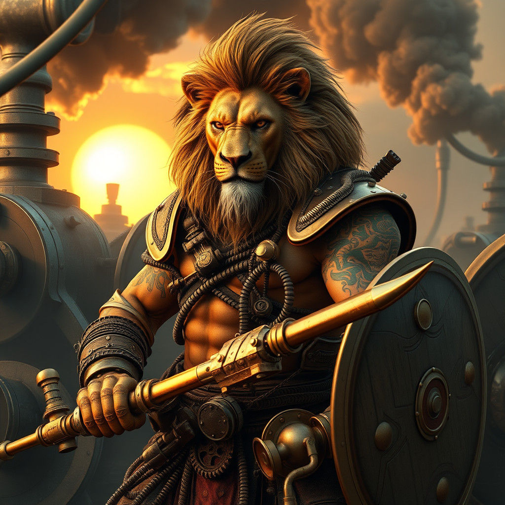 Steampunk Lion Warrior with Tattoos and Armor
