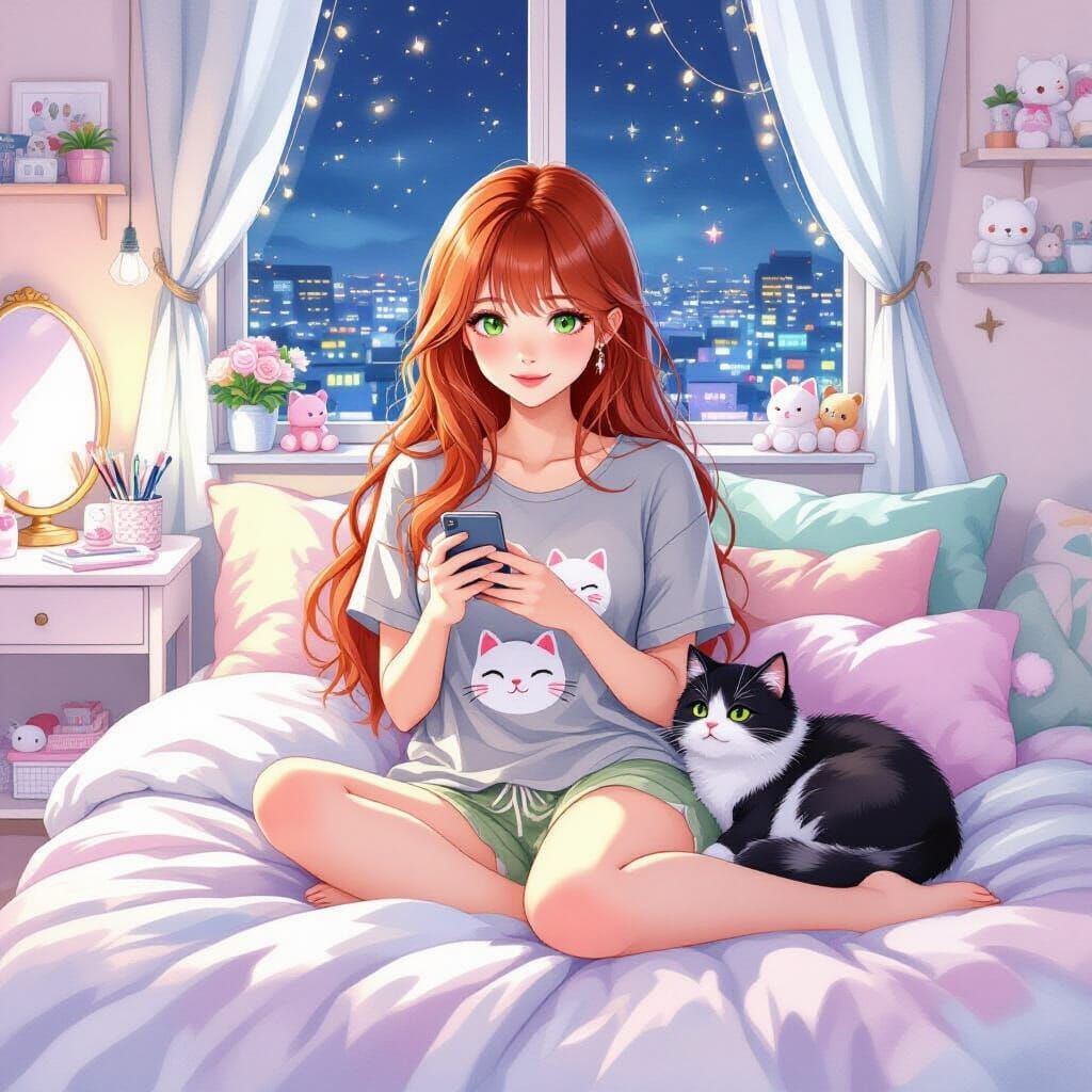 Japanese Woman in Bed with Cat: Watercolor Style