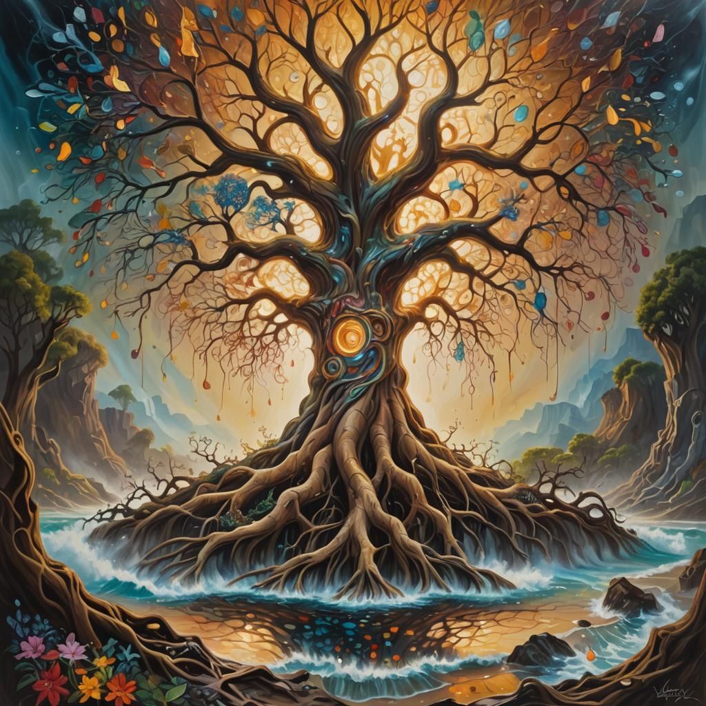 Glowing Tree of Life Resists Tidal Wave: Surreal Oil Paintin...