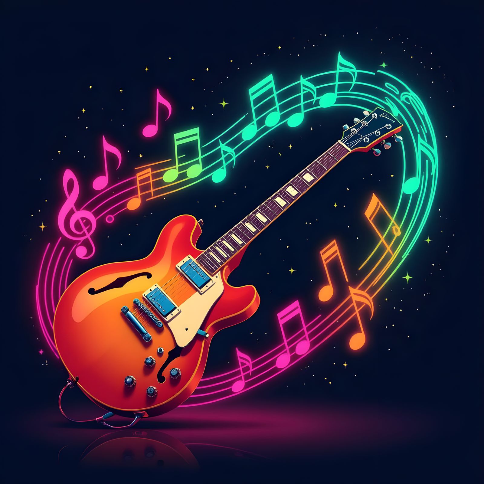 Electric Guitar with Swirling Neon Music Notes