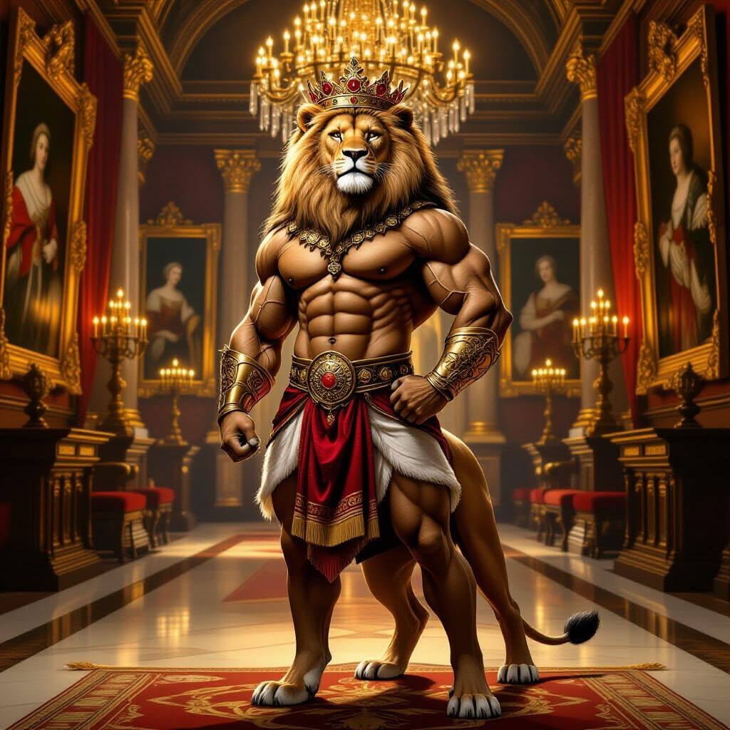 Regal Lion in Grand Hall: A Classical Painting