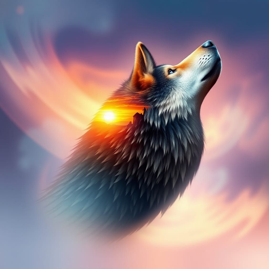 Wolf Head with Landscape Fur, Dreamy Artwork