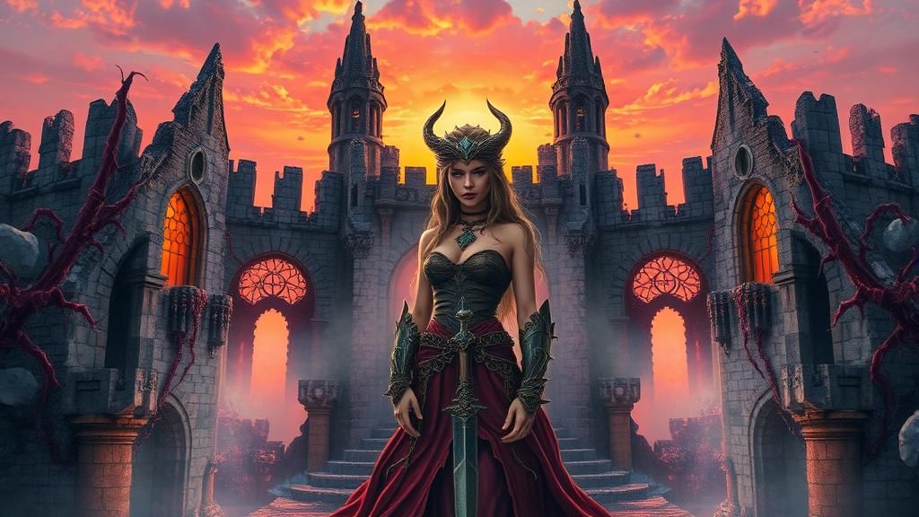 Mystical Warrior Queen in Gothic Palace at Sunset