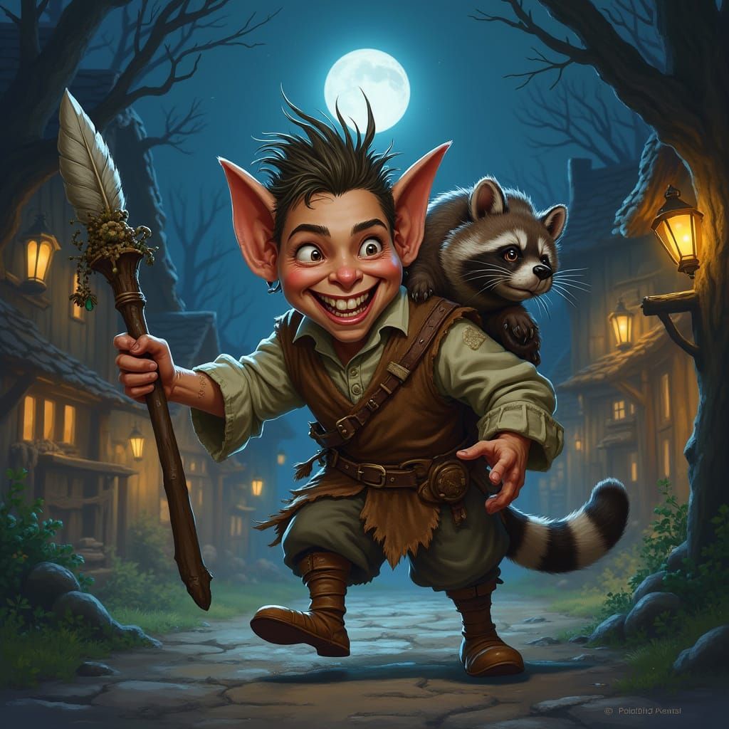 Mischief-Making Halfling Druid in Whimsical Fantasy Village