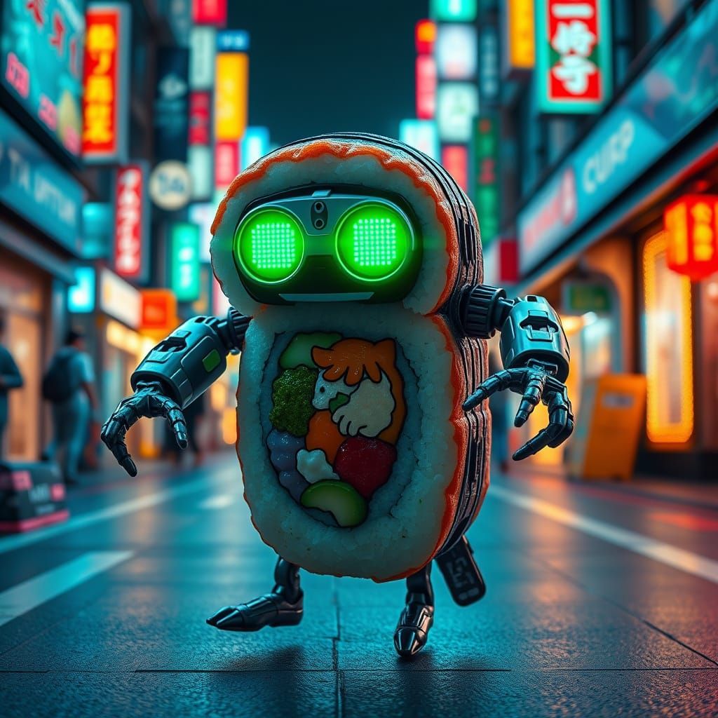 Sushi Roll Robot Dances in Neon Tokyo: Cyberpunk Style