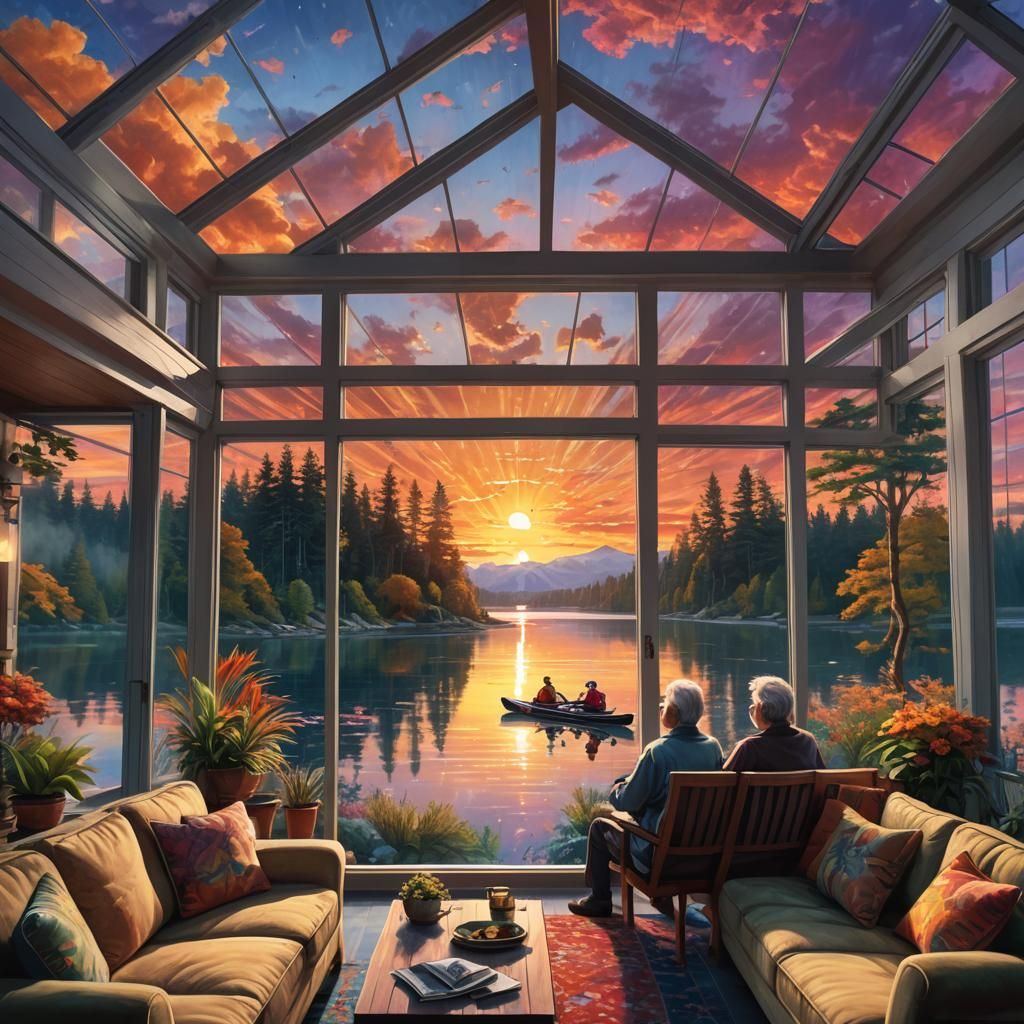 Lake View Sunroom at Sunset: Matte Painting