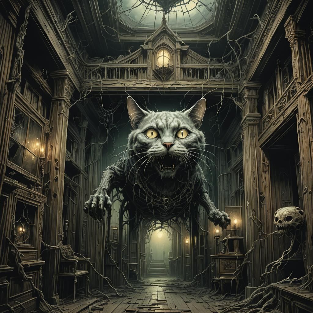 Ghost Cat in Haunted House, Dark Fantasy Art