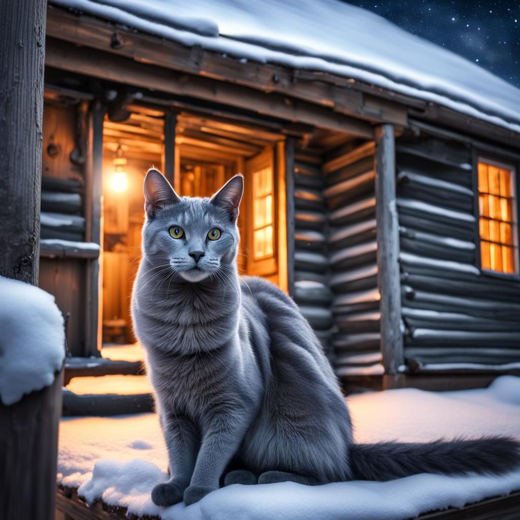 Russian Blue Cat on Winter Porch: Hyperrealistic Image